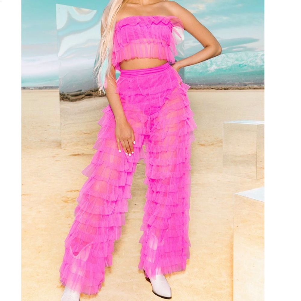 2 Piece Pink Ruffle Pants and Bandeau Set